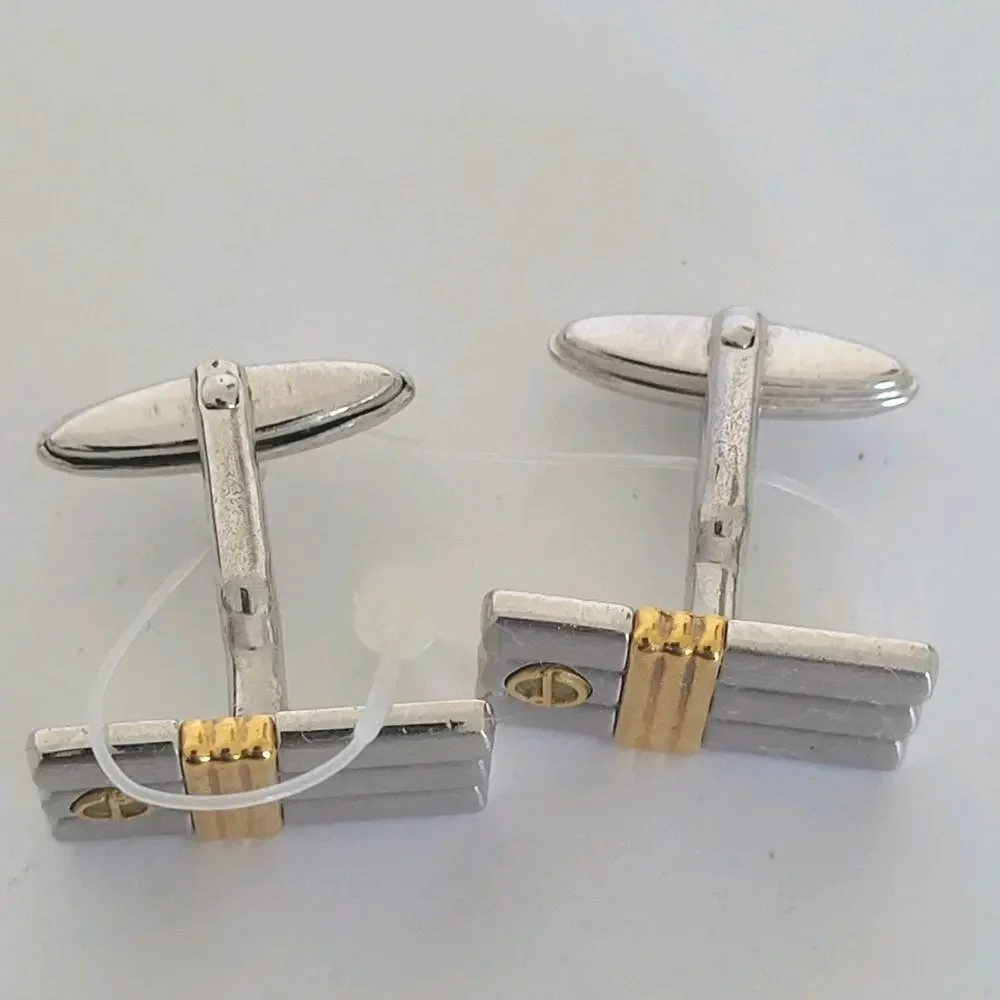Dunhill D Cufflinks Silver Gold Tone Logo Rectangle Logo Retro Stripped Two Tone